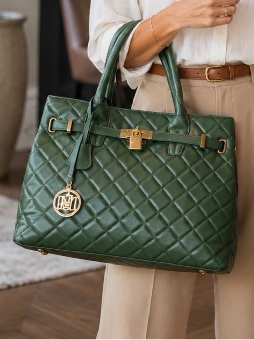 Bagley Mischka Quilted Weekender Tote Bag Green NWT